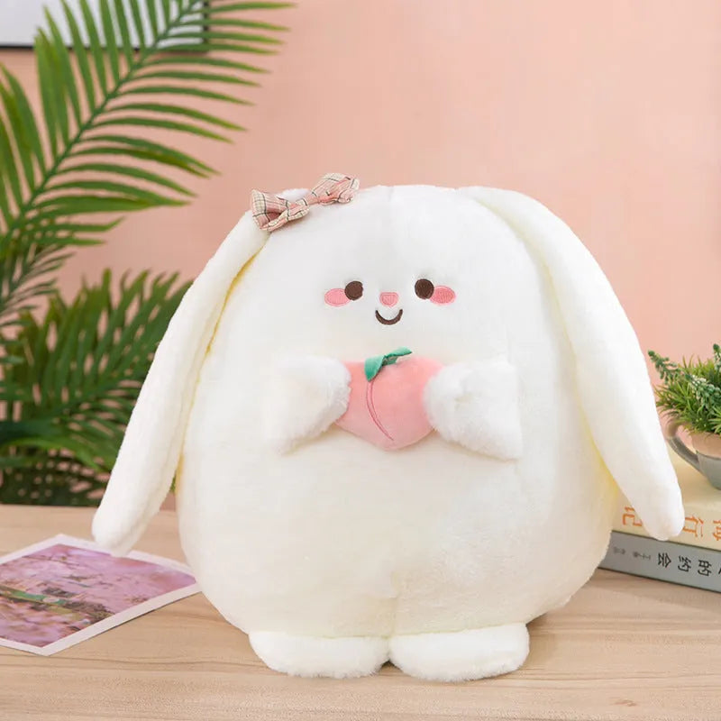 Rabbit peach plush toy in 20cm, 25cm, 35cm and 45cm heights on a plain background