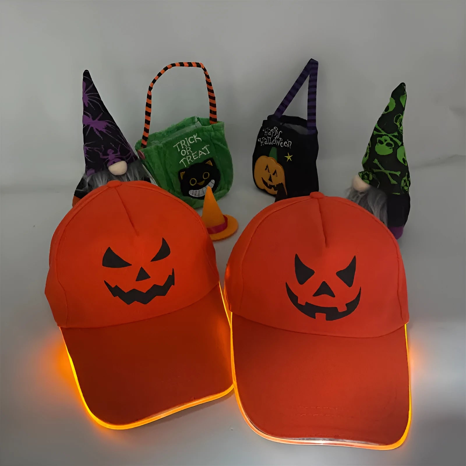 LED illuminated baseball cap for Halloween with pumpkin smile yellow light pattern
