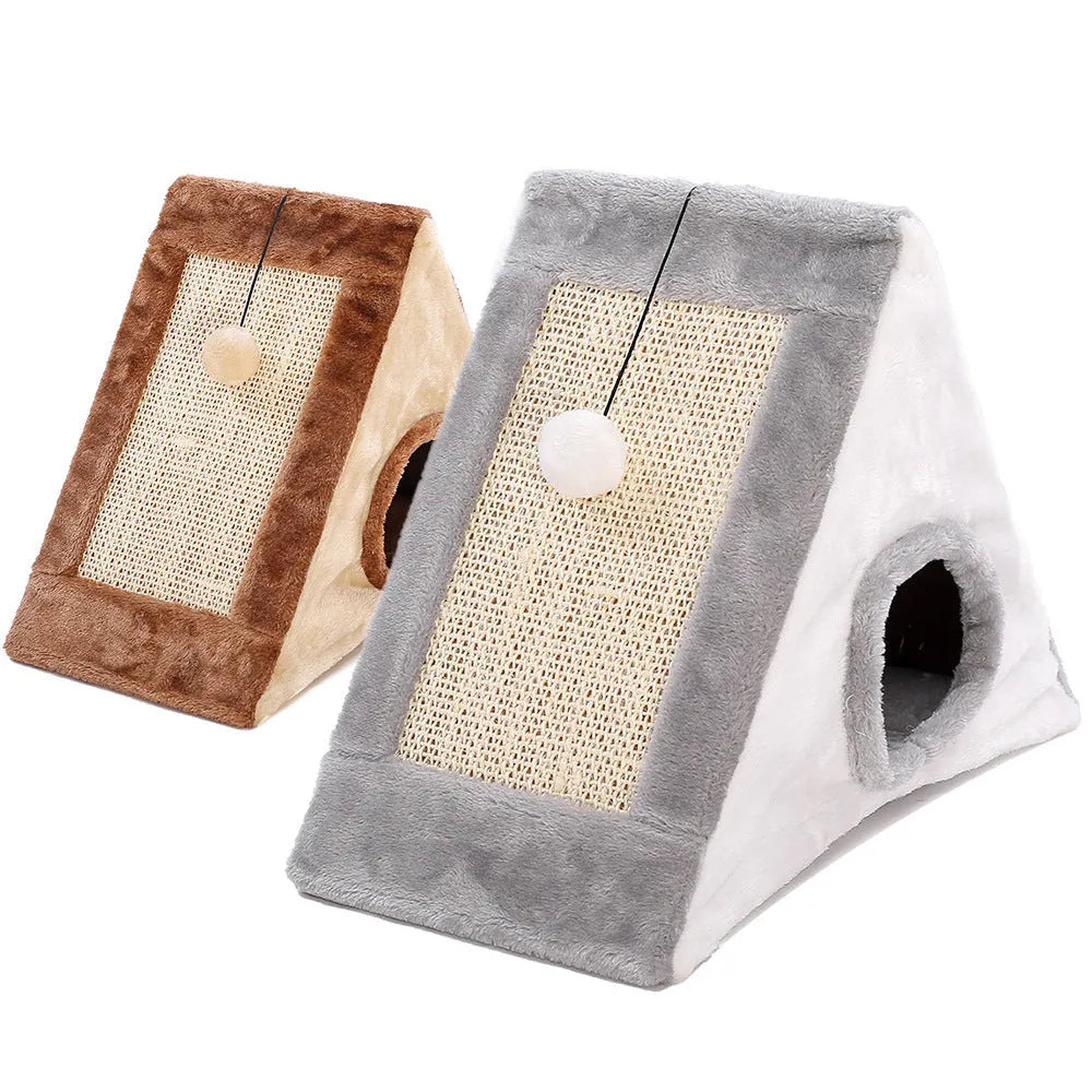 Triangle-shaped cat bed with integrated sisal scratching surfaces in grey and white colour option