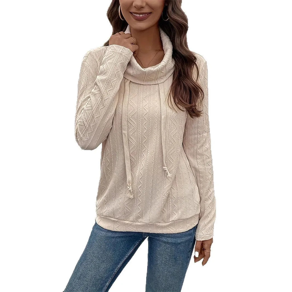 Apricot coloured hooded pullover sweater with long sleeves and drawstring waist
