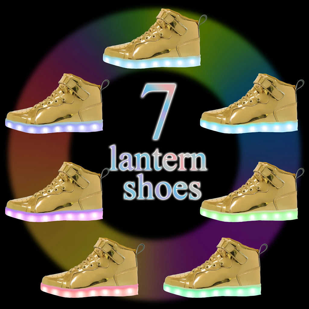 Unisex black LED high-top light shoes with Velcro strap and glowing sole.