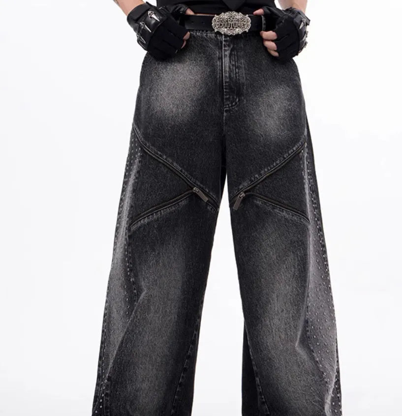 Black and grey washed denim wide leg trousers and vest set on a hanger