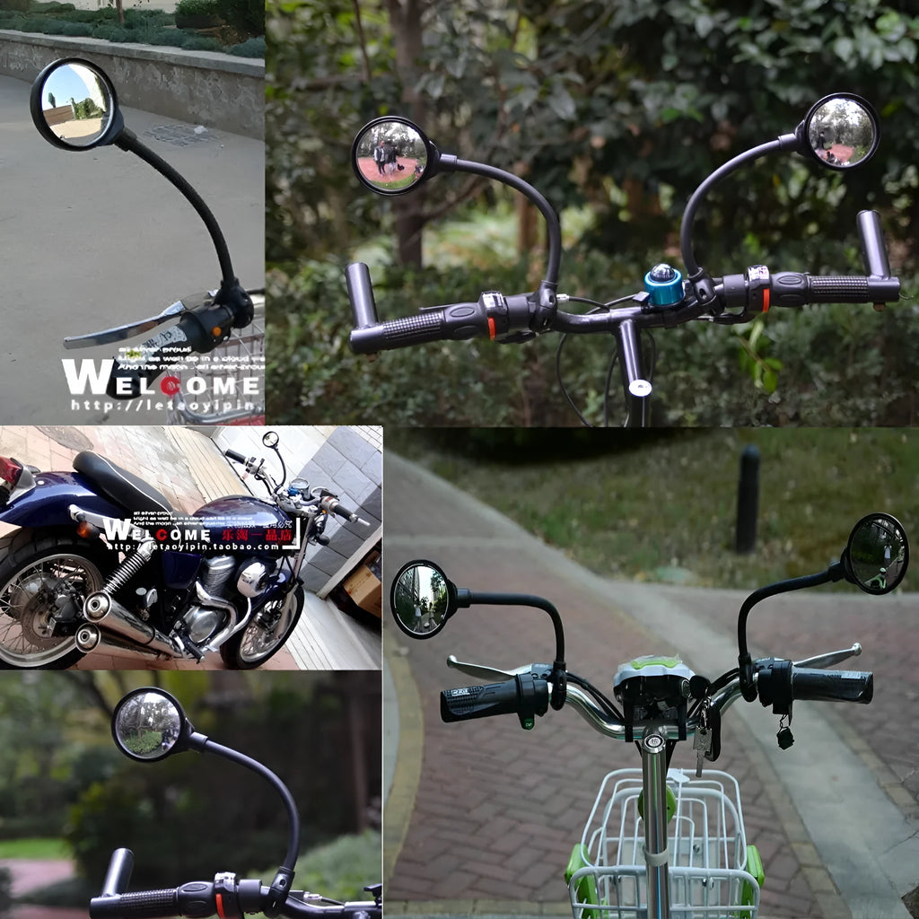 Black metal bicycle rearview mirror with adjustable hose-clamp mount and integrated reflector
