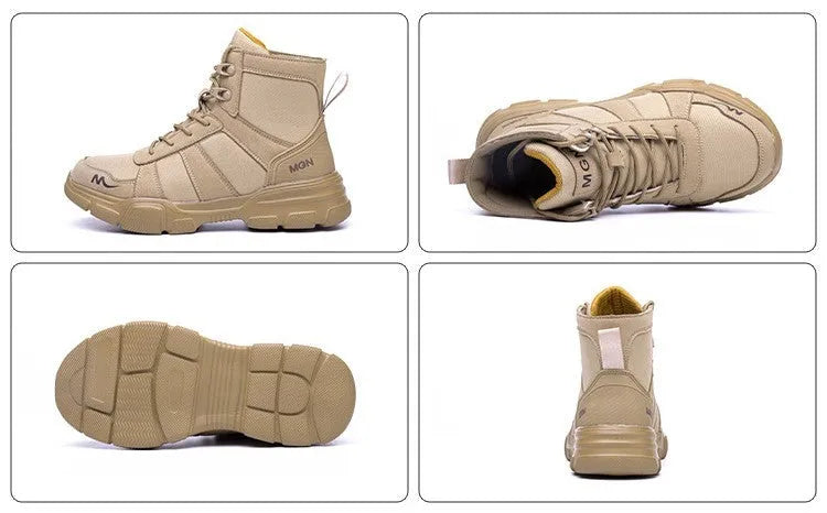 Steel toe anti-smash anti-puncture high top safety shoes in beige and black on white background