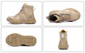 Steel toe anti-smash anti-puncture high top safety shoes in beige and black on white background