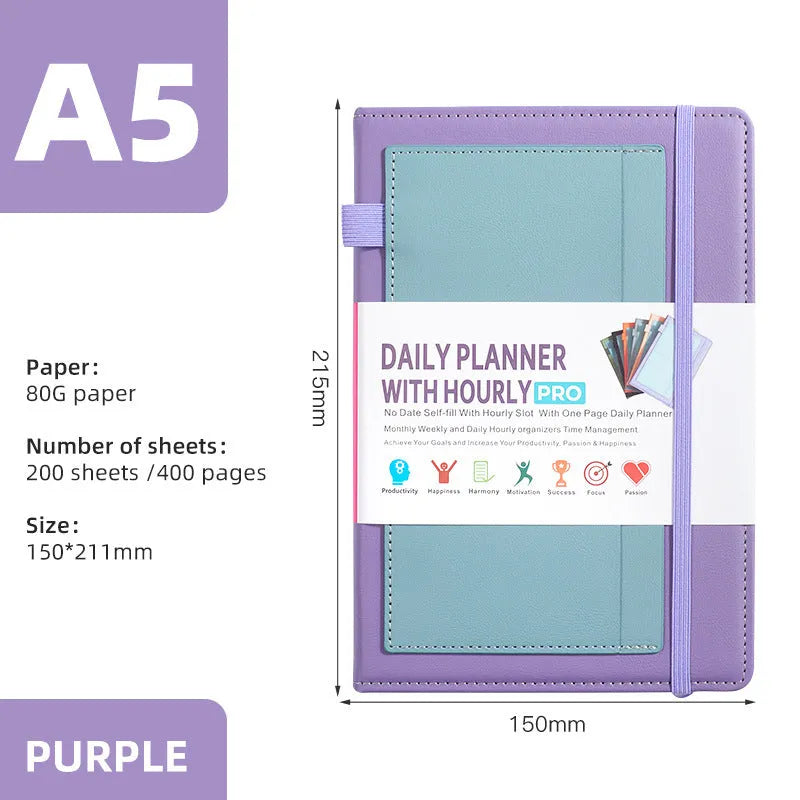 A5 notebook with PU leather cover in various colours, shown open to reveal blank pages and planning stickers.