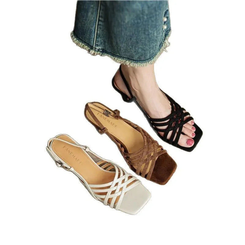 Retro light brown women's high heel sandals with thin cross straps and an ankle buckle on a square toe.
