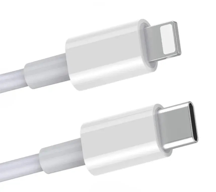 White 20W USB-C UK wall charger with a fixed three-pin plug and a USB-C cable.