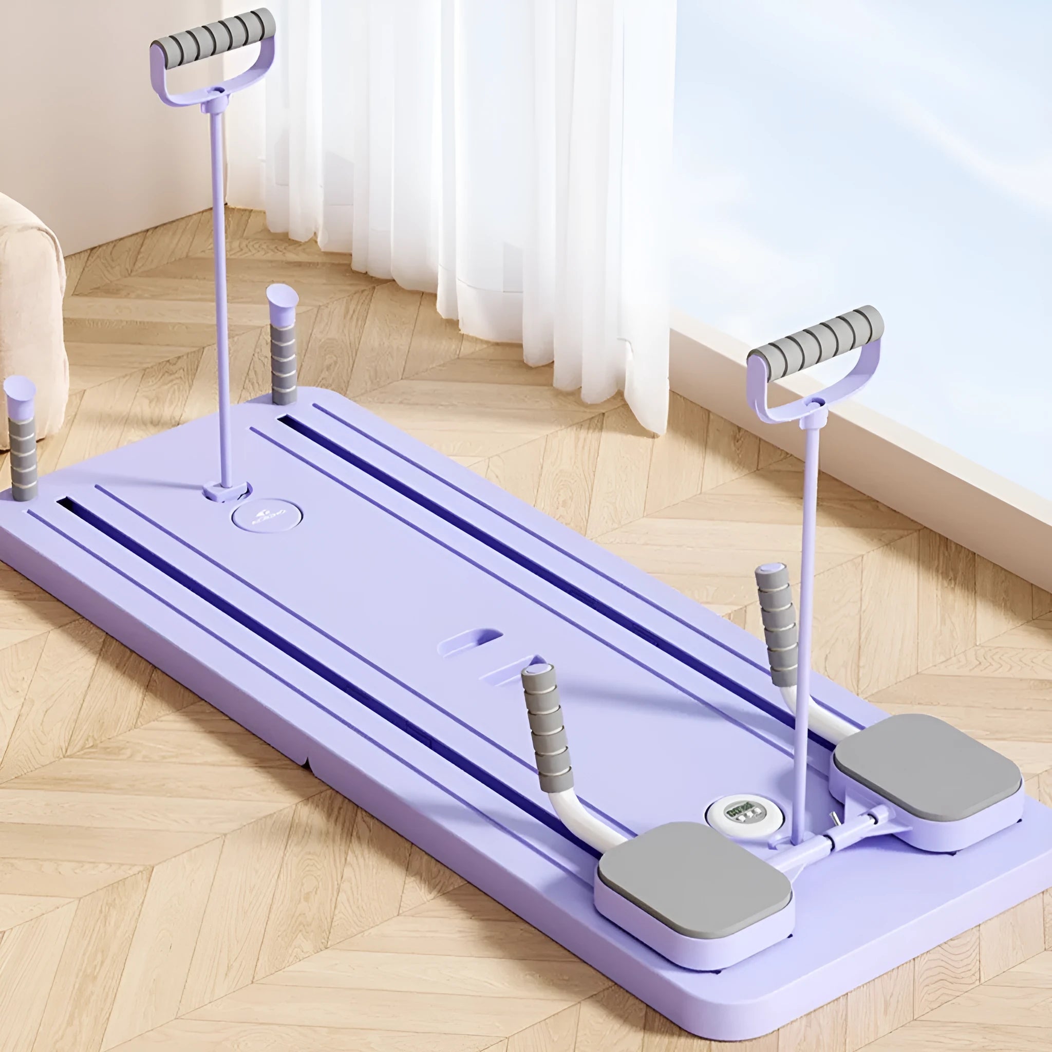Standard purple multi-functional fitness board with automatic rebound abdominal wheel for home exercise.