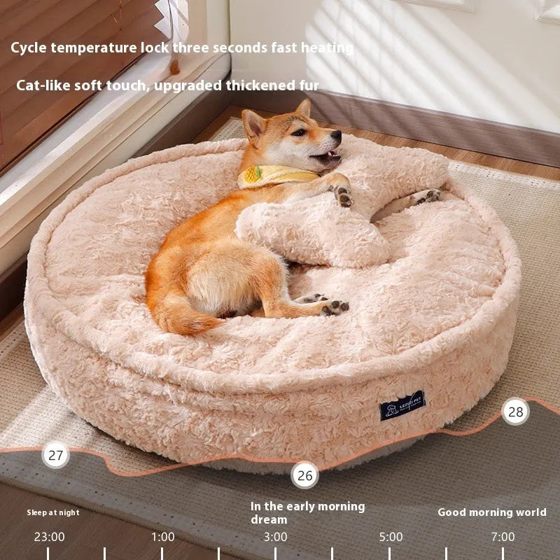 Round milk tea coloured pet bed with a removable cloth cover, shown in size L.