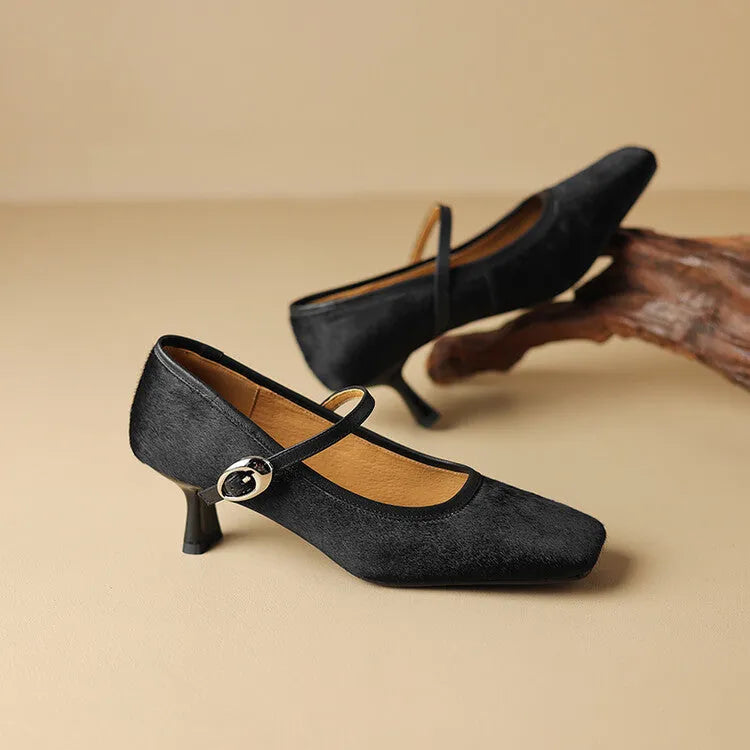 Black square toe stiletto ankle-strap heels with horse hair upper and buckle closure