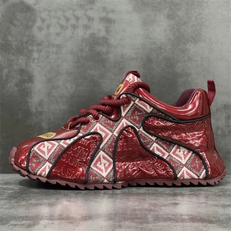 Men's platform trainers in scarlet colour with round toe and lace-up front