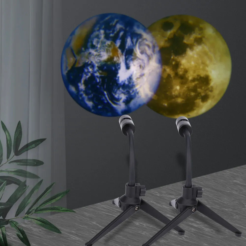2 in 1 Earth and Moon star projector lamp with adjustable hose bracket on a table
