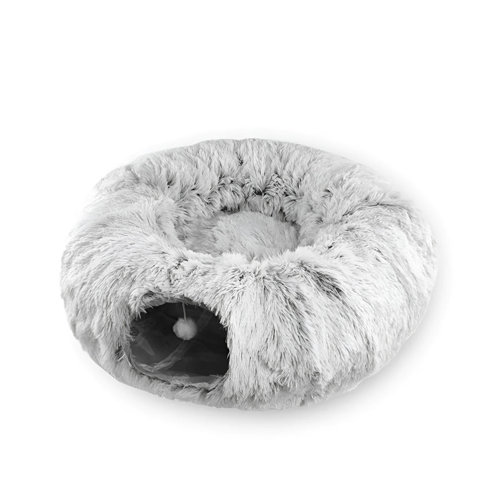 Grey cat tunnel bed with removable cushion and hanging furry toy for indoor cats