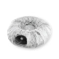 Grey cat tunnel bed with removable cushion and hanging furry toy for indoor cats