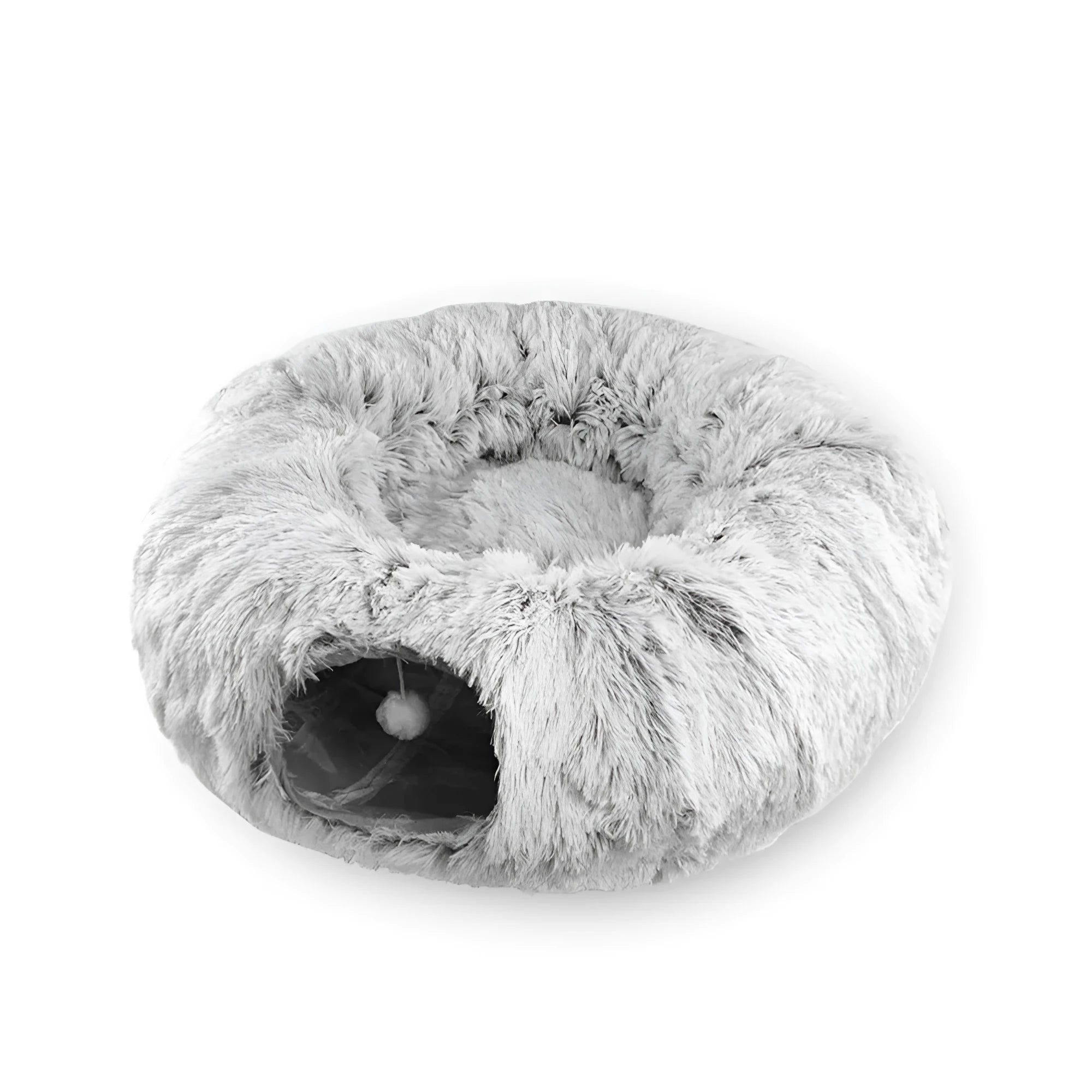 Grey cat tunnel bed with removable cushion and hanging furry toy for indoor cats