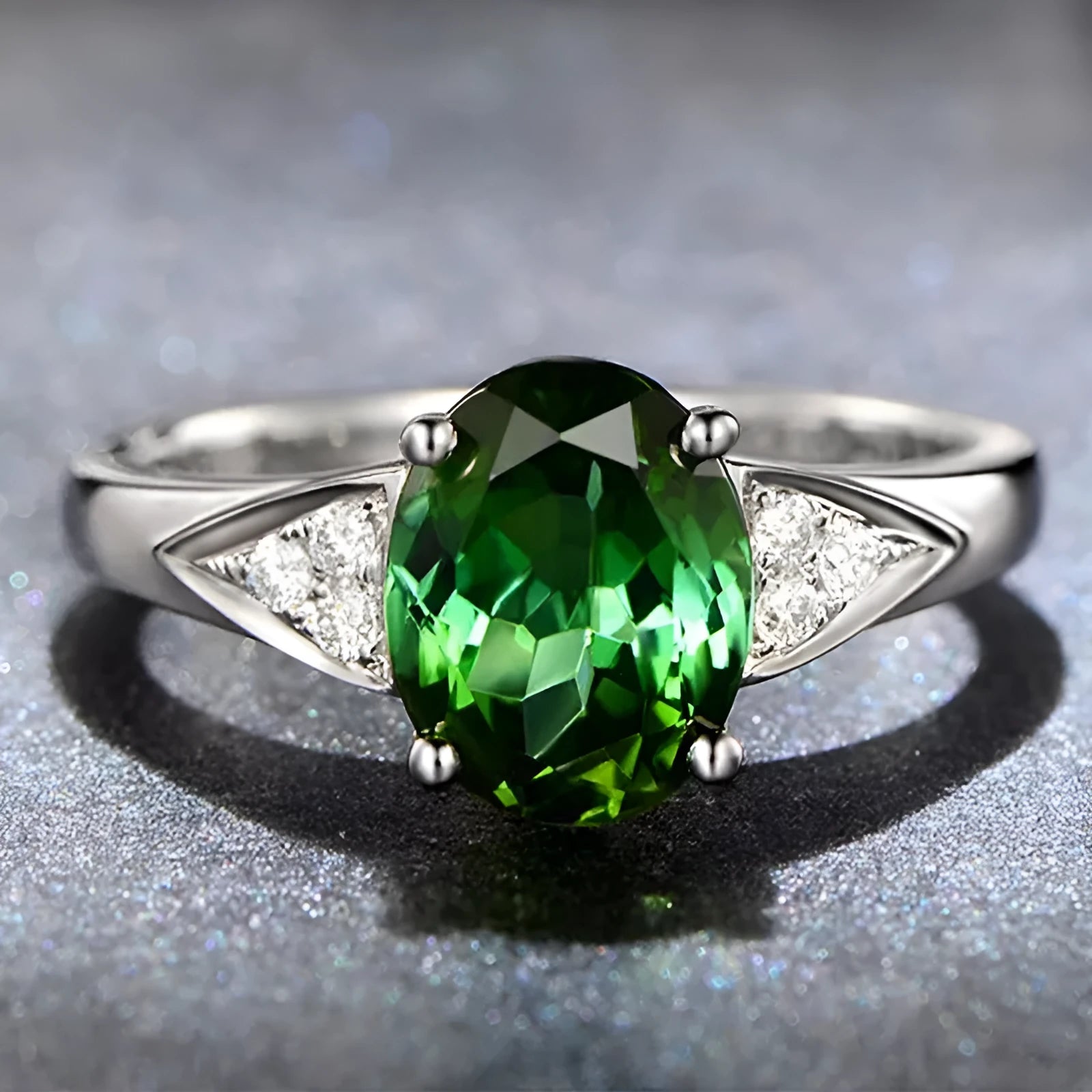 Women's court style ring with a choice of heart, water drop, or bell zircon pattern in blue, green, light blue, or red.