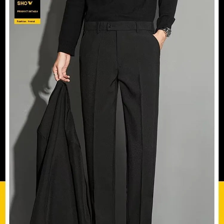 Men's straight cut ankle-length trousers in draping fabric showing apricot colour option