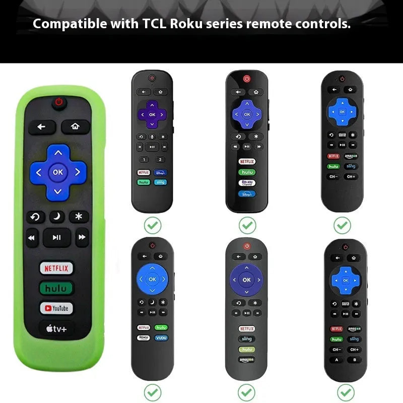 Luminous silicone remote control protective sleeve for daily use, long shape, available in blue, green, purple, and pink colours.