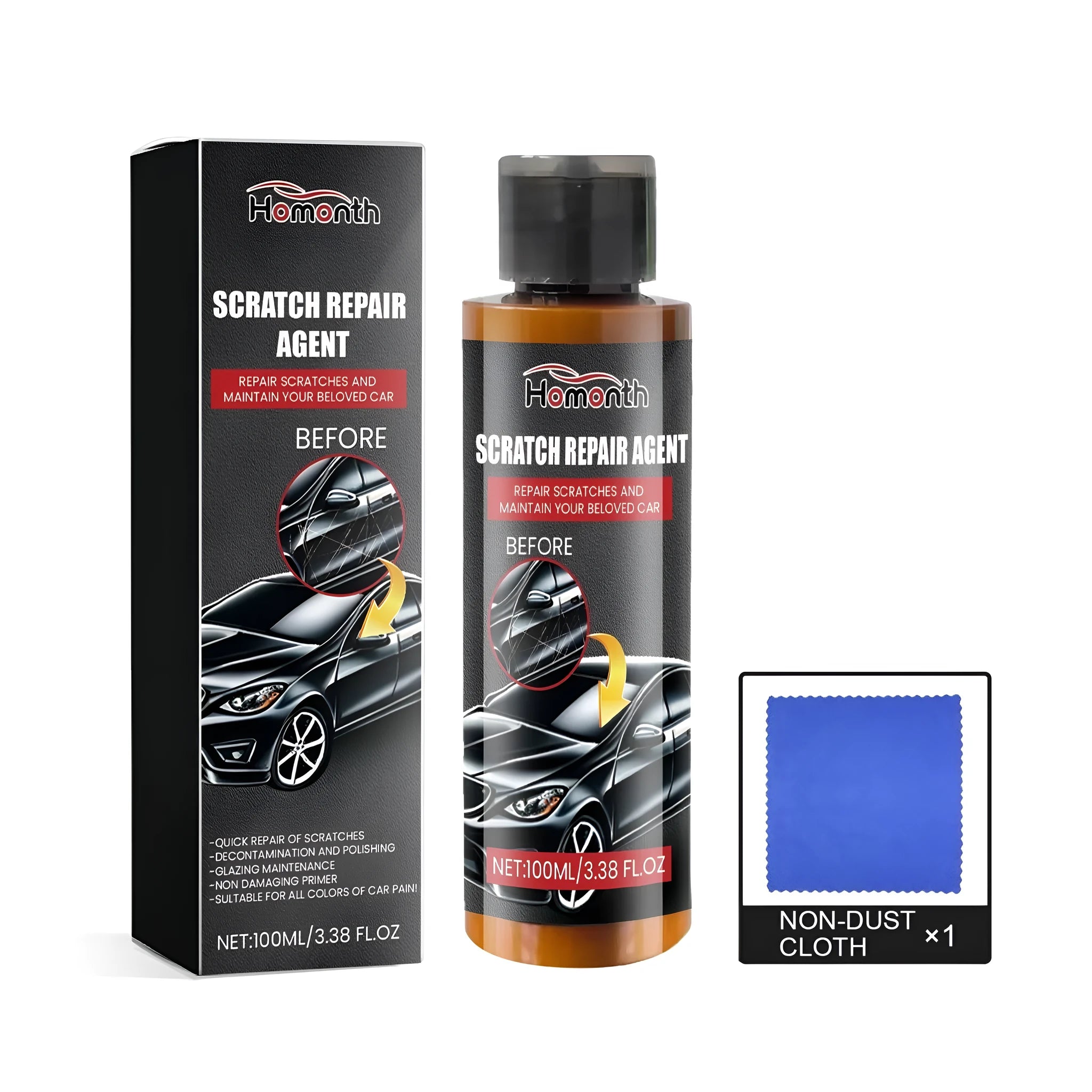 100ml bottle of scratch repair agent and a white microfibre cloth on a car bonnet with a light scratch.