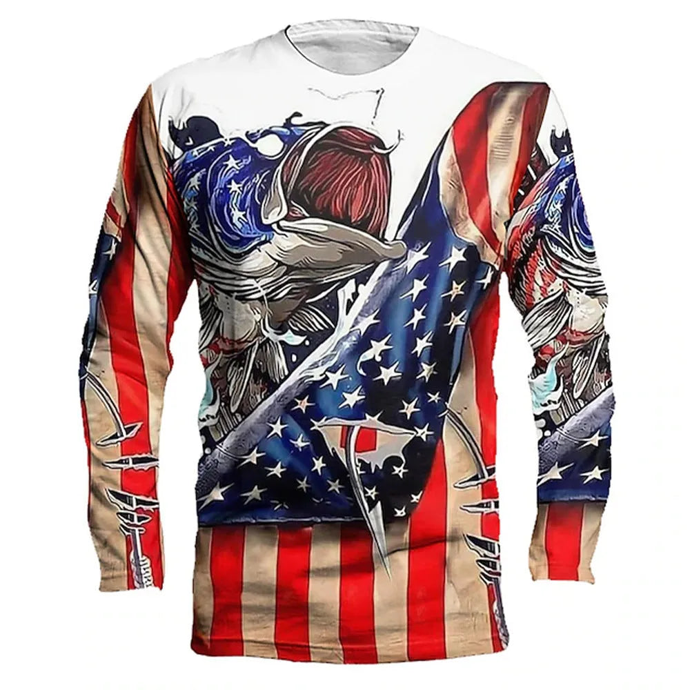 Men's grey pullover top with a detailed fish pattern print, featuring a round neck and long sleeves.