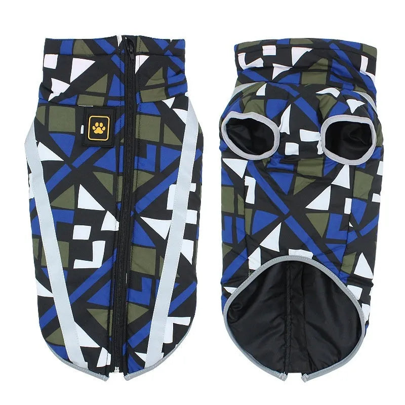 A thick reflective dog jacket in a geometric blue colour, shown on a large breed dog.