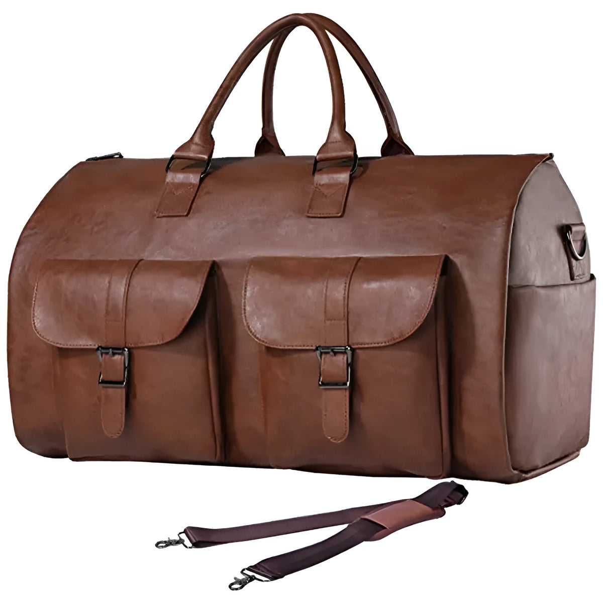 Convertible travel carry-on bag in waterproof PU leather, 36-55L capacity, shown in black with retro styling
