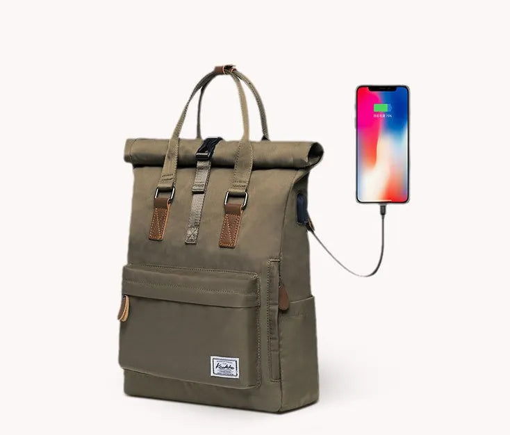 Polyester casual backpack in black, dark grey or green, showing zippered opening and under 20L capacity.