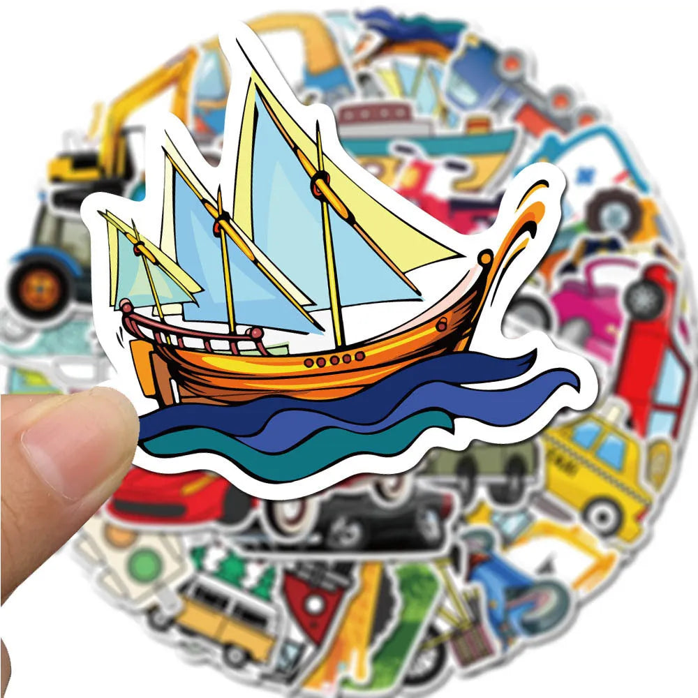 Colourful cartoon car and excavator graffiti stickers on a white background, 4x6cm each