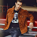 Men's brown pigskin leather biker jacket with asymmetric zip front and stand collar