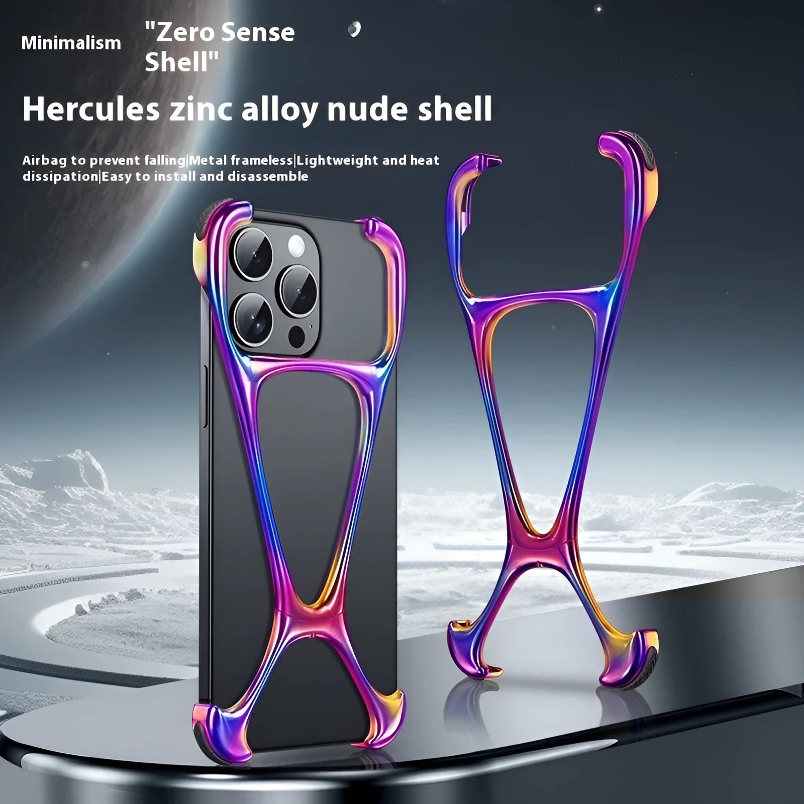 Zinc alloy phone case for iPhone 15 Pro in bright gun colour with frameless hollow heat dissipation design