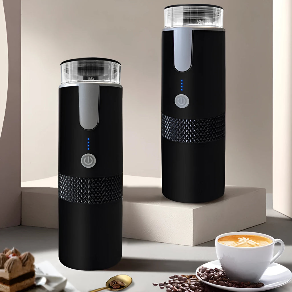 Black portable wireless electric coffee maker, 170ml tank, 1200mAh battery, USB charging, H245mm x 76mm
