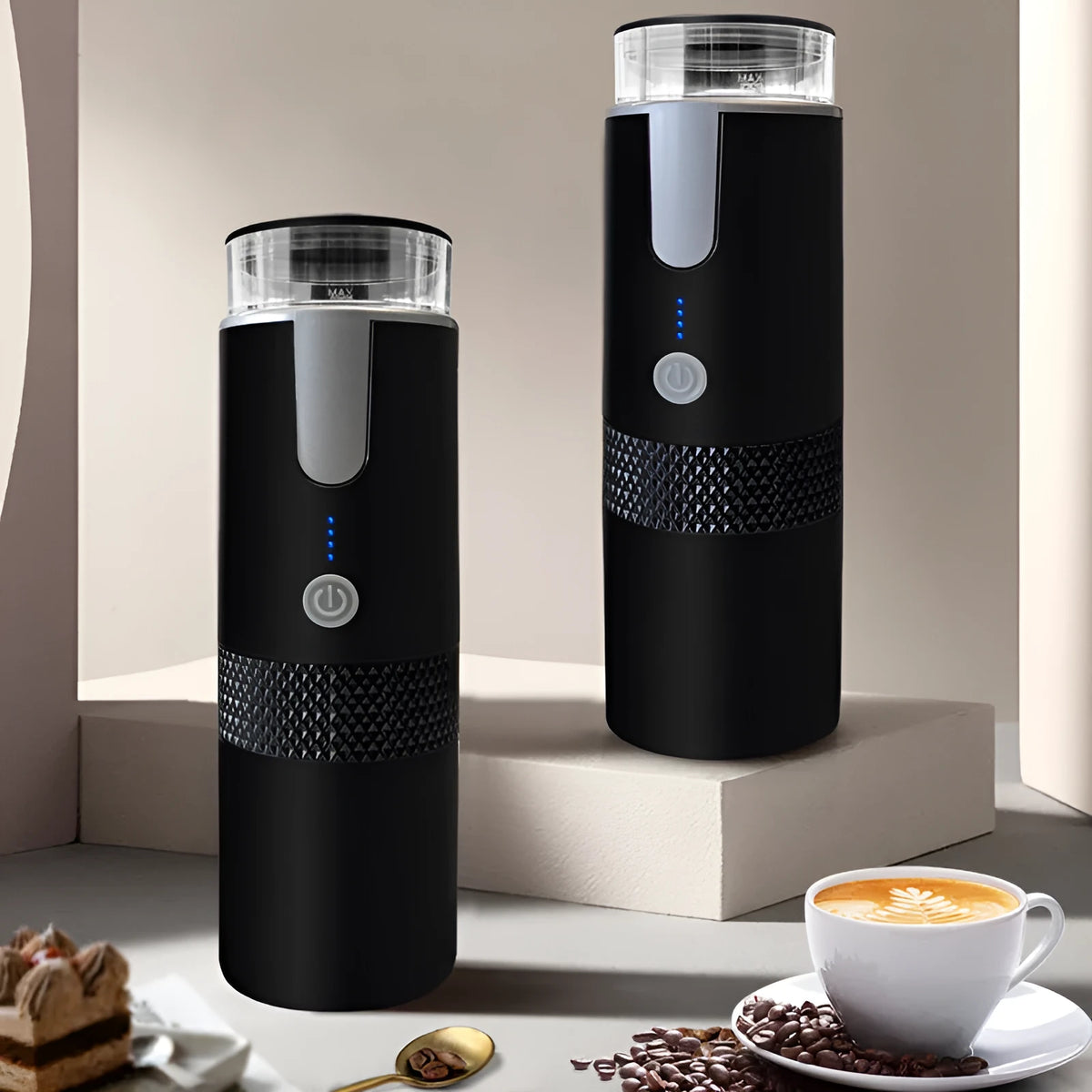 Black portable wireless electric coffee maker, 170ml tank, 1200mAh battery, USB charging, H245mm x 76mm