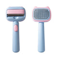 Blue and green double-sided pet grooming brush with dematting comb and undercoat rake on a 195mm handle.