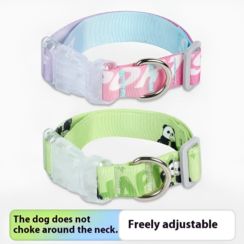 Adjustable nylon dog collar with colourful cartoon gradient print, shown in sizes for small to medium dogs.