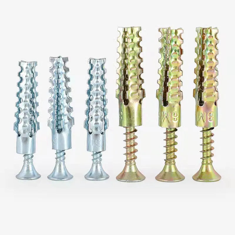 Iron expansion screw with four serrated barbs next to a screw, showing drill diameters of 6mm, 8mm, 10mm, and 12mm.