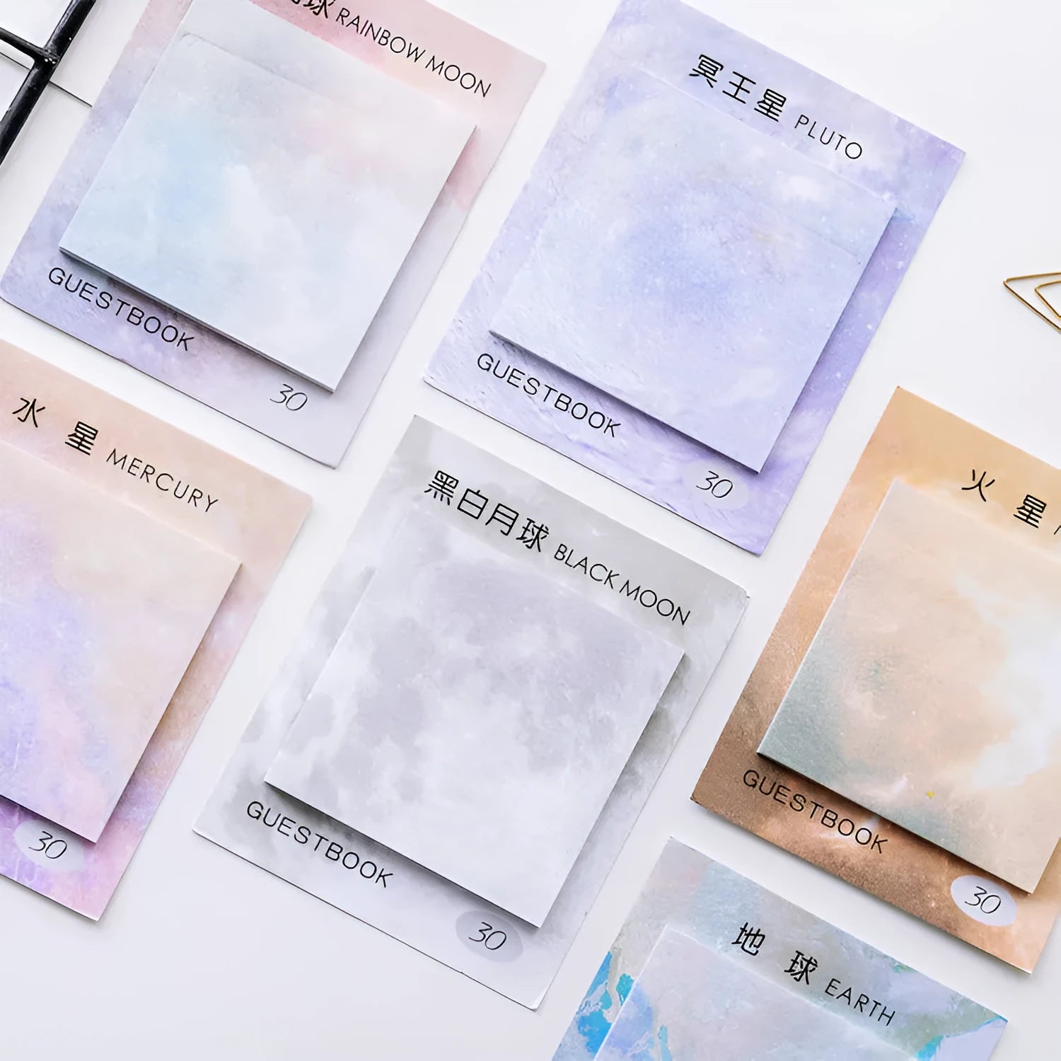 Square planet oil painting sticky notes pad showing Earth, Mars, Mercury designs