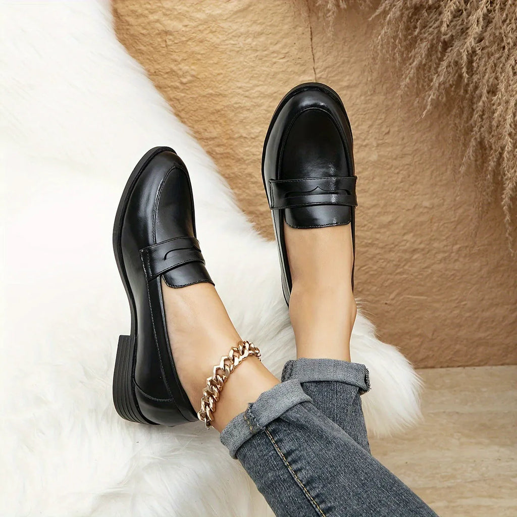 Women's polyurethane loafers with high wedge heel, synthetic leather upper, round toe, in black, brown, white, coffee