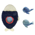 Blue plush dog toy with sound feature and hidden food pocket for treats, chewable boredom relief tool.
