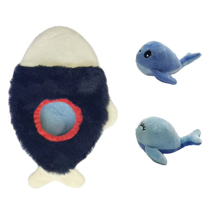Blue plush dog toy with sound feature and hidden food pocket for treats, chewable boredom relief tool.