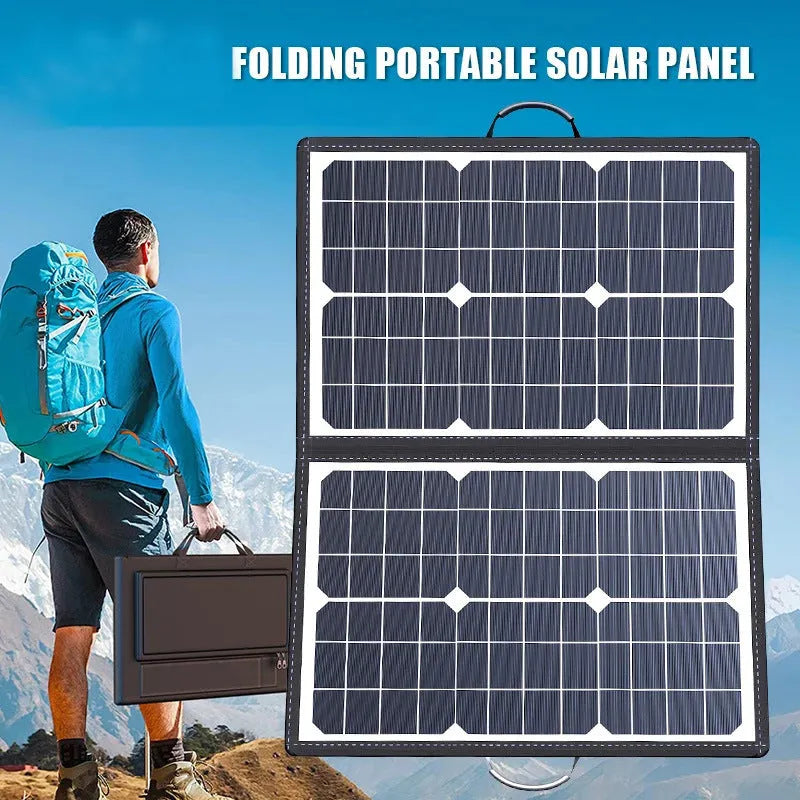 Black 40W solar panel folded inside its portable carrying bag.