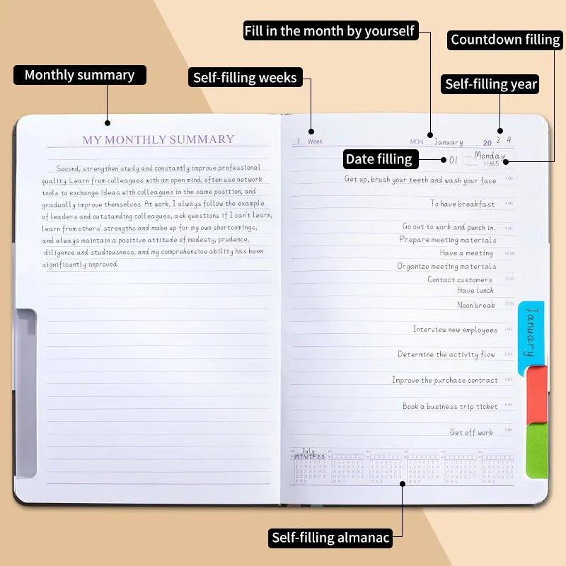 A5 notebook with PU leather cover in various colours, shown open to reveal blank pages and planning stickers.