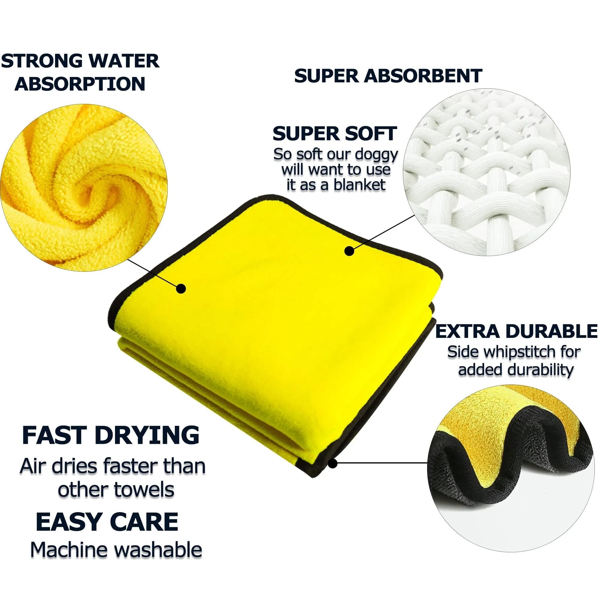 Yellow microfiber dog drying towel with hook loop, super absorbent for pets