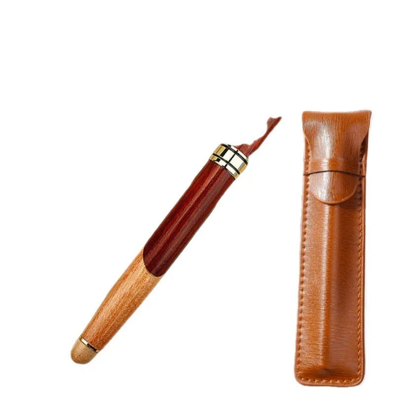 Wooden barrel and metal body pen with a grey fabric storage bag.
