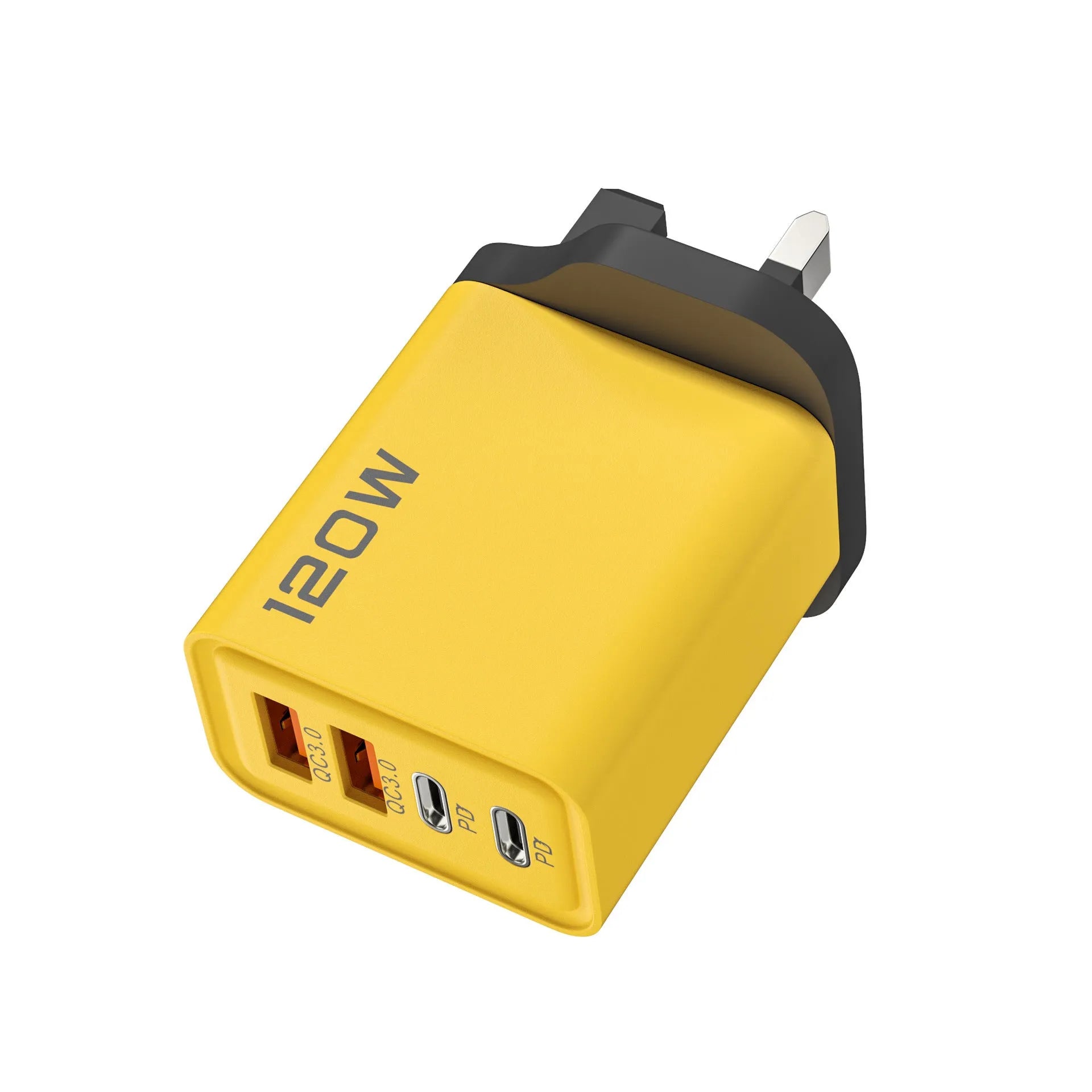 120W dual PD dual USB wall charger in Black, White, and Yellow with UK and EU plug options