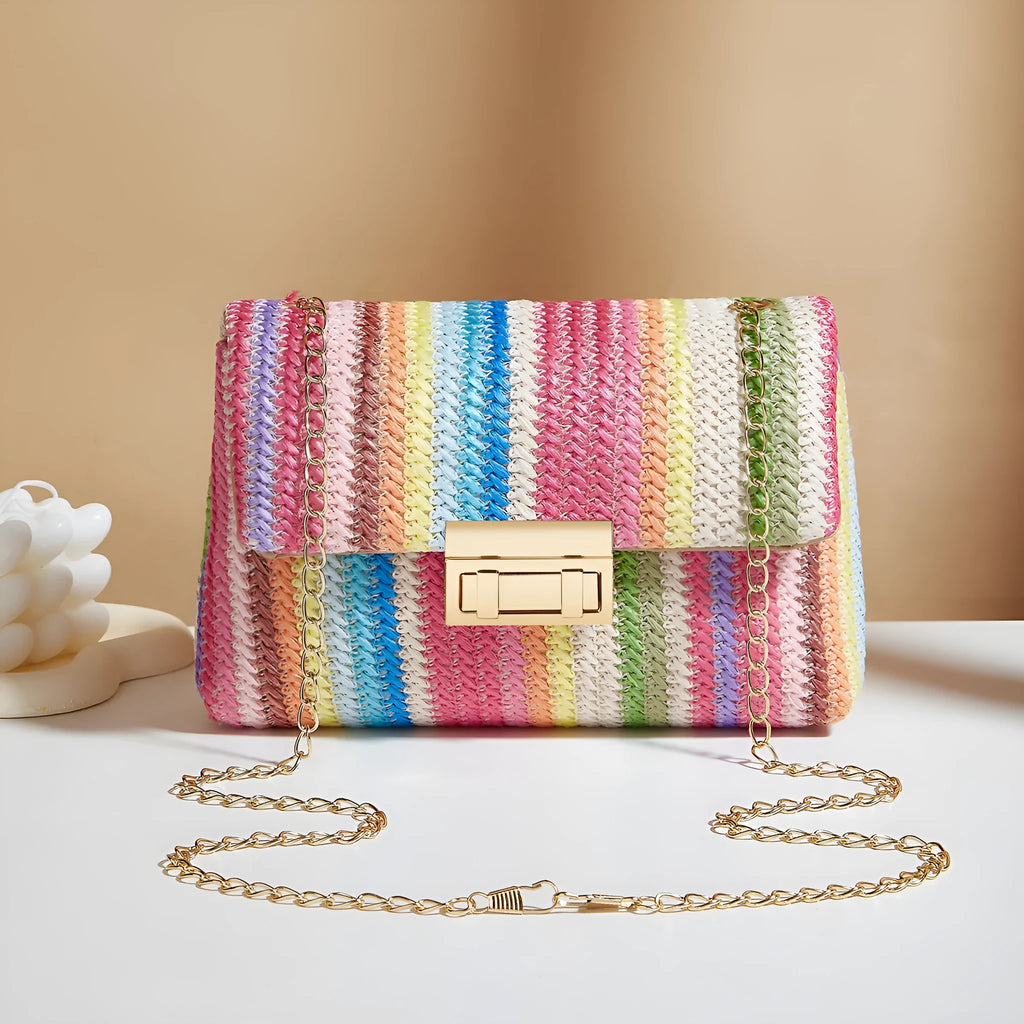 Women's soft straw cross-body bag in horizontal square shape with mobile phone compartment