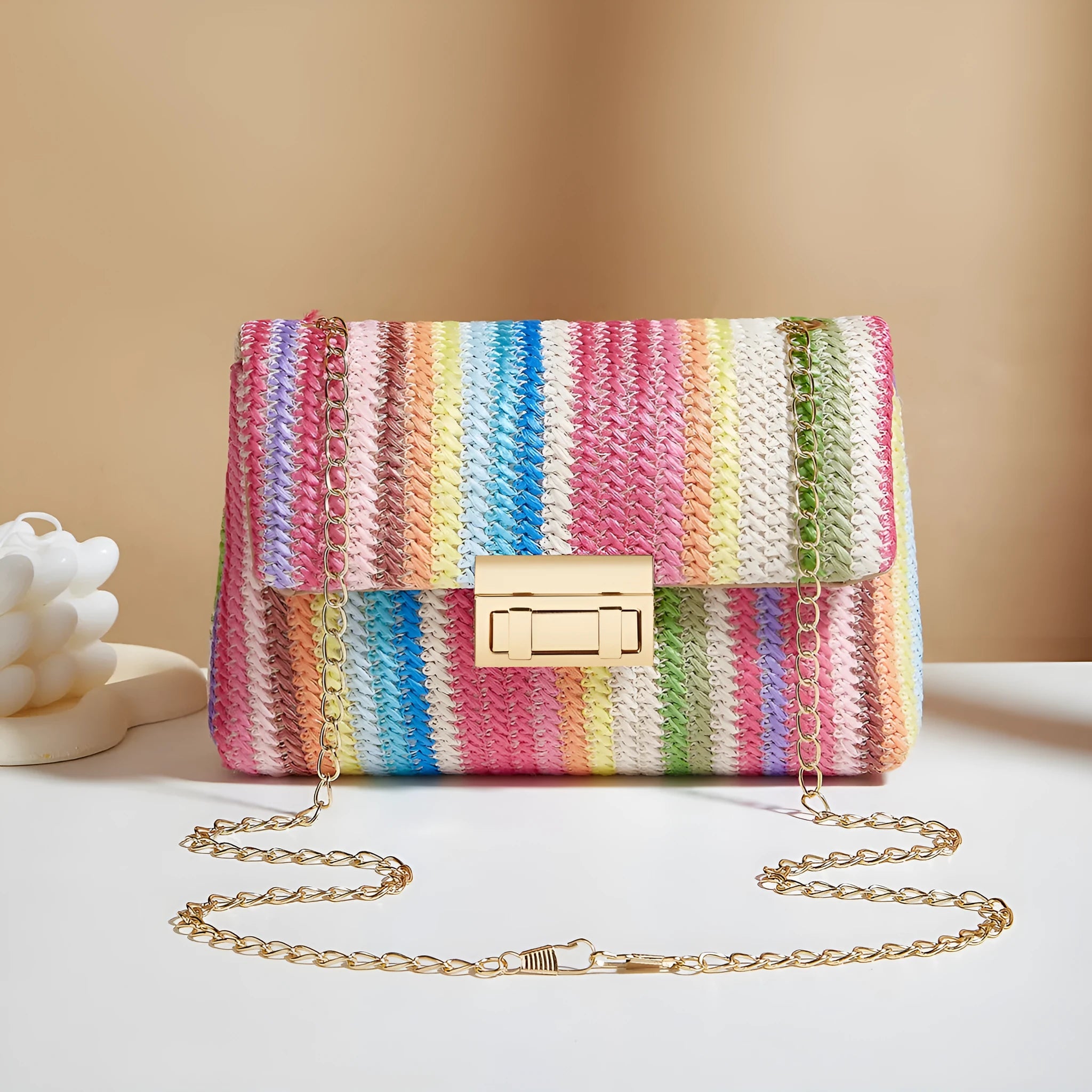 Women's soft straw cross-body bag in horizontal square shape with mobile phone compartment