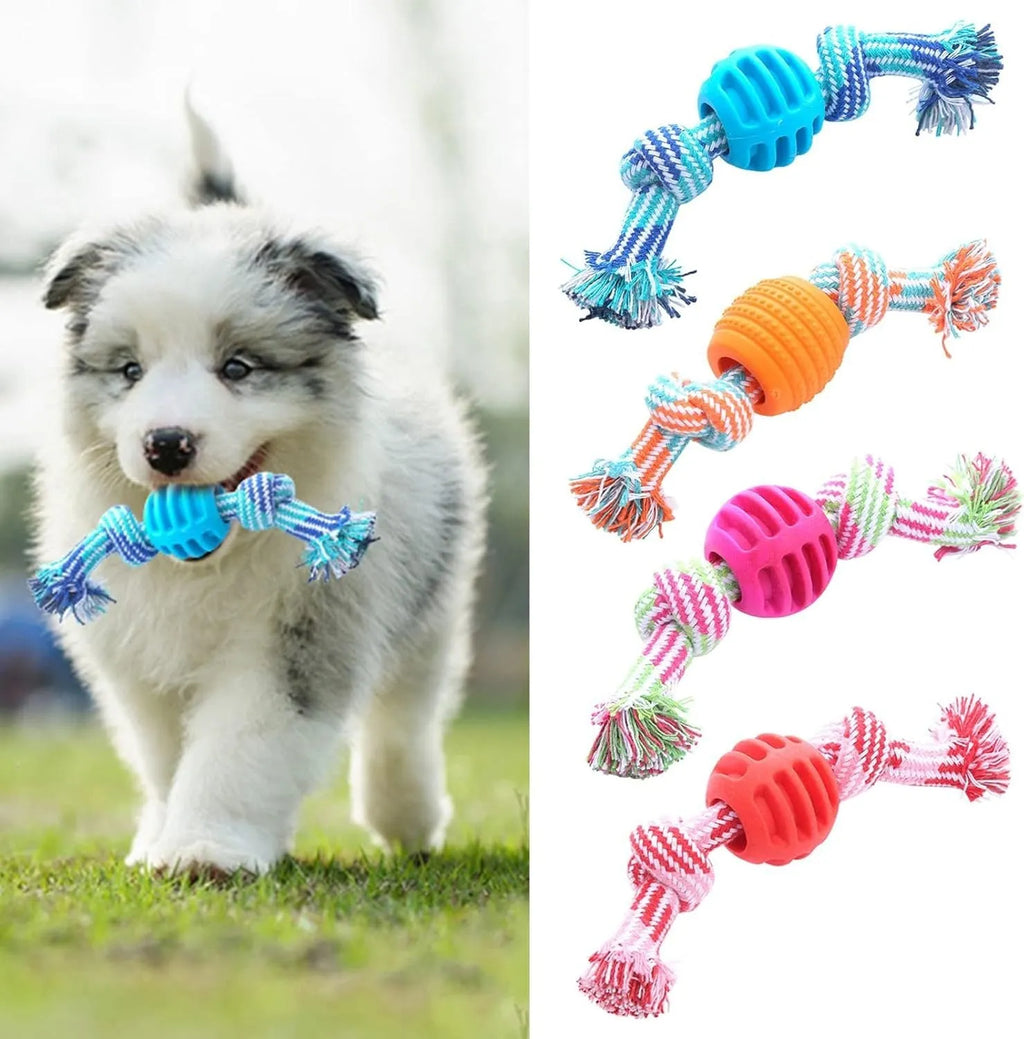 Blue soft dog chew toy with rope attachment for teeth cleaning and tug play.