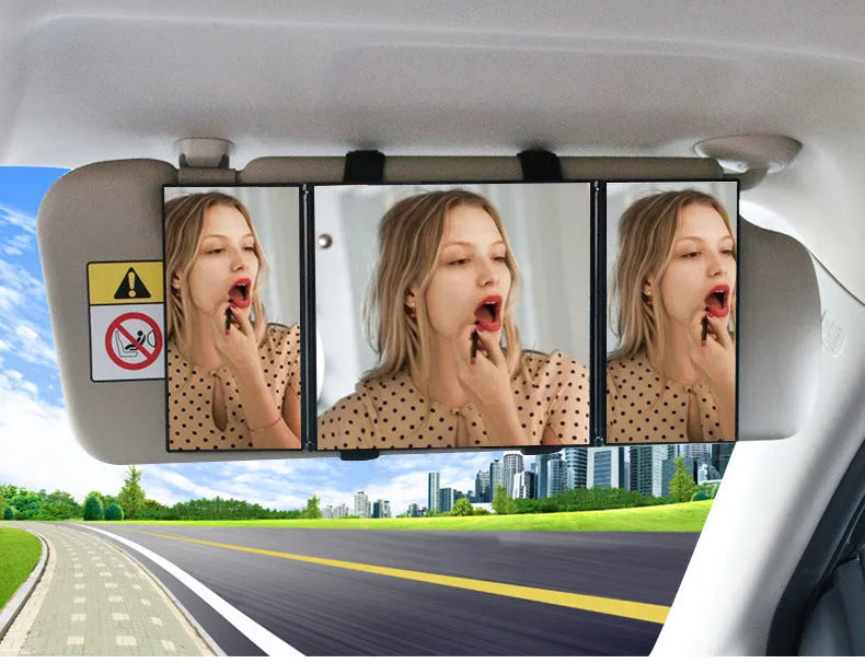 Silver car folding makeup mirror showing folded and opened positions with ABS frame and glass mirror