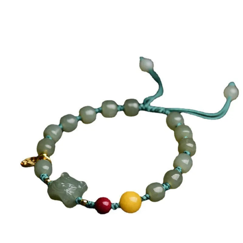 Natural Hetian Jade bracelet with cinnabar beads and zodiac animal sequins